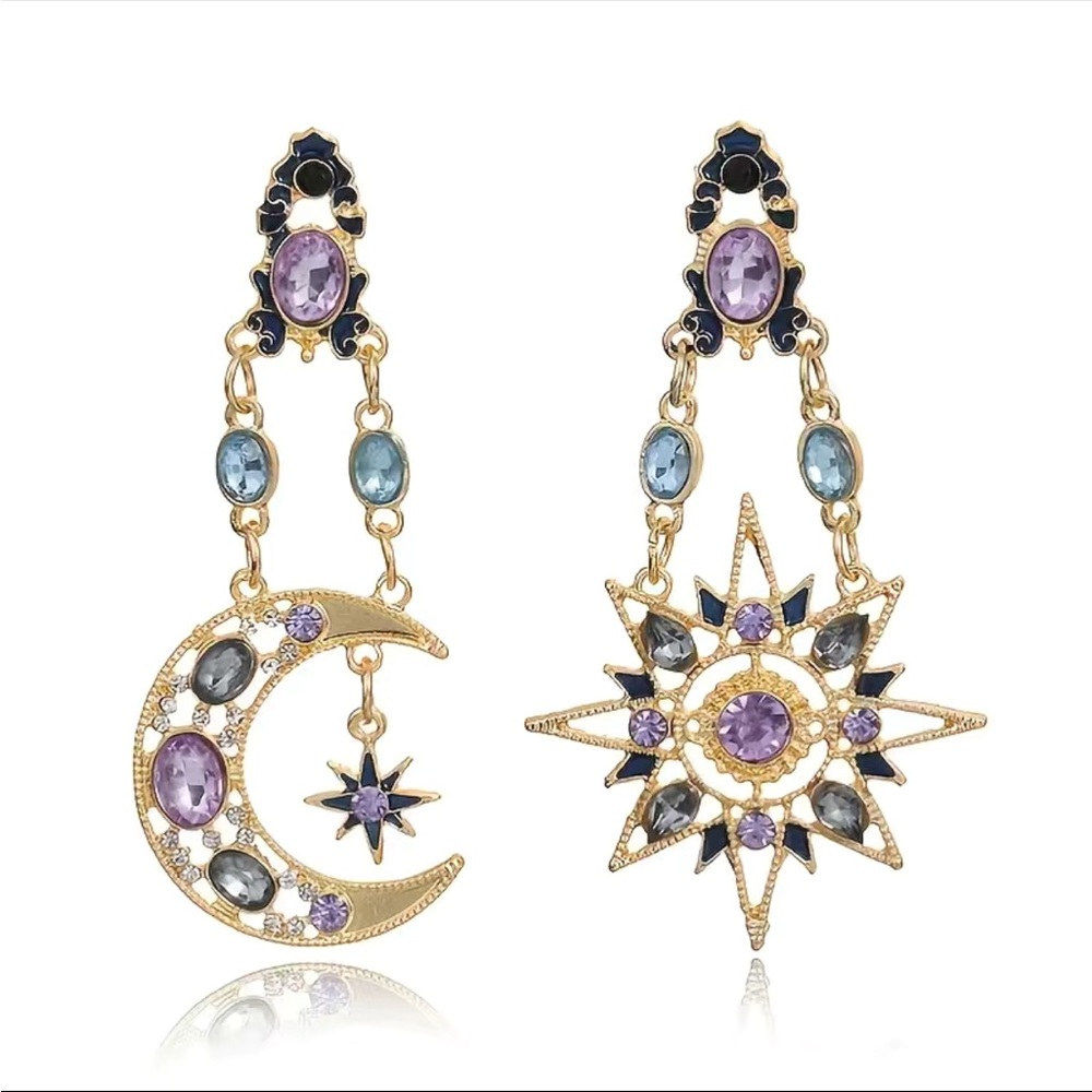 NEW Boho Sun Moon Star Drop Earrings with Sapphires vintage